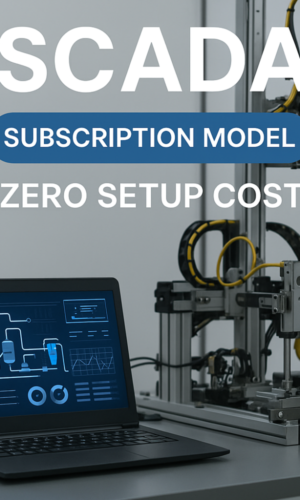 نمایی گرافیکی از سیستم اسکادا در یک کارخانه صنعتی با داشبورد کنترلی و سنسورهای متصل